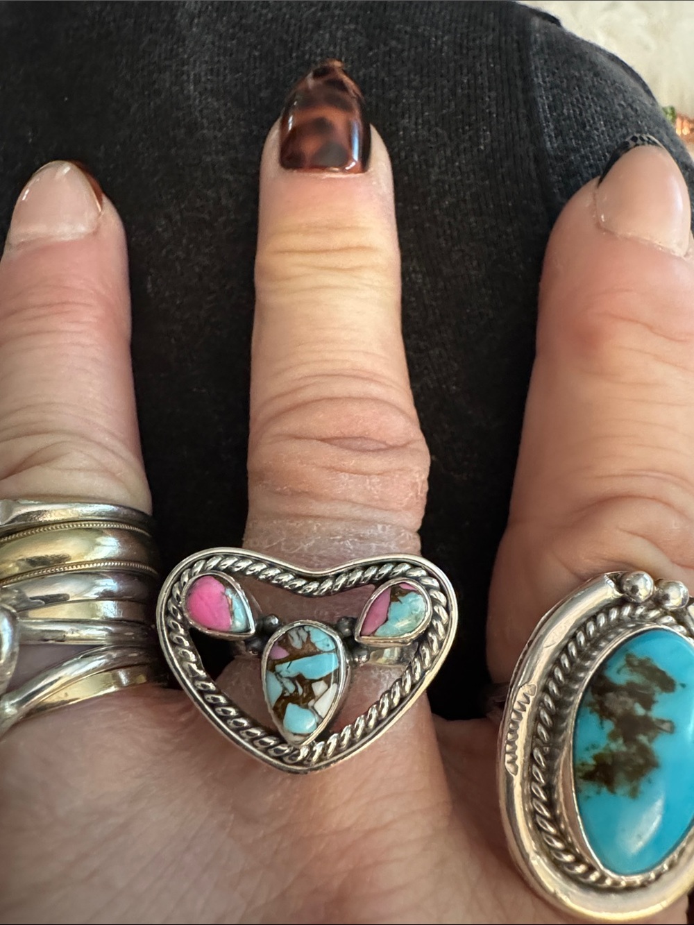 Cotton Candy Heart Ring with Pink and Turquoise Inlay 925 silver